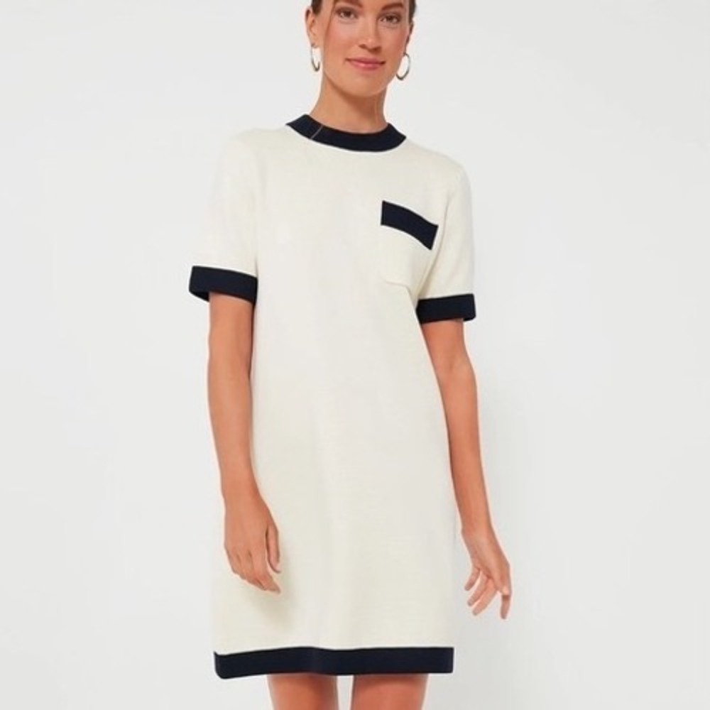 Tuckernuck Merritt Knit Dress Womens Large Cream Navy‎ Preppy Shift Old Money